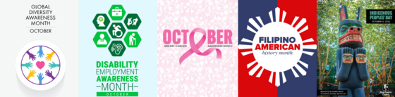 Global Diversity colorful hands,Disability Employment accessibility icons,Breast cancer pink ribbon,Filipino American History,Indigenous Peoples totem