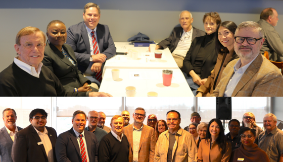2 group photos with people seated around a conference table in the top image and a larger group standing together in the bottom image.