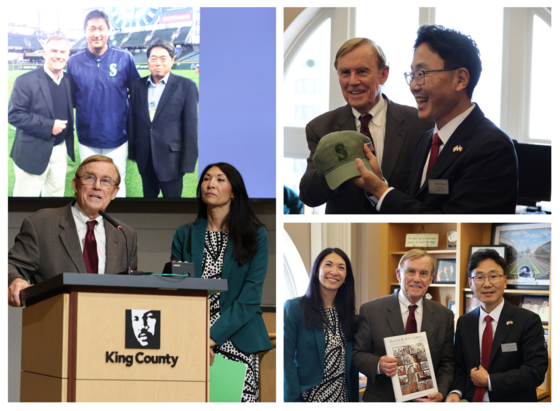 Collage of 3 photos people posing, a man & a woman speaking at a podium labeled King County, & another man smiling while holding a green cap & a book.