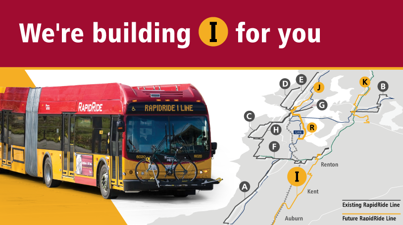 Red & yellow Rapidride I Line Metro bus with a map showing other rapidride routes in King County