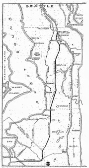 Black & white map showing the Seattle area with waterways, islands, and labeled locations including Seattle, Tacoma, Pacific, and Puget Sound.