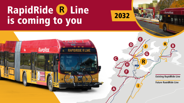 "RapidRide R Line is coming to you 2032" two pictures of a RapidRide and a map of RapidRide lines