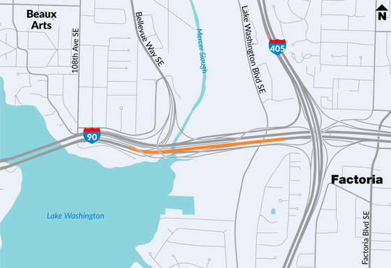 A map of I-90 from Mercer Island to Bellevue with a yellow section of the highway highlighted