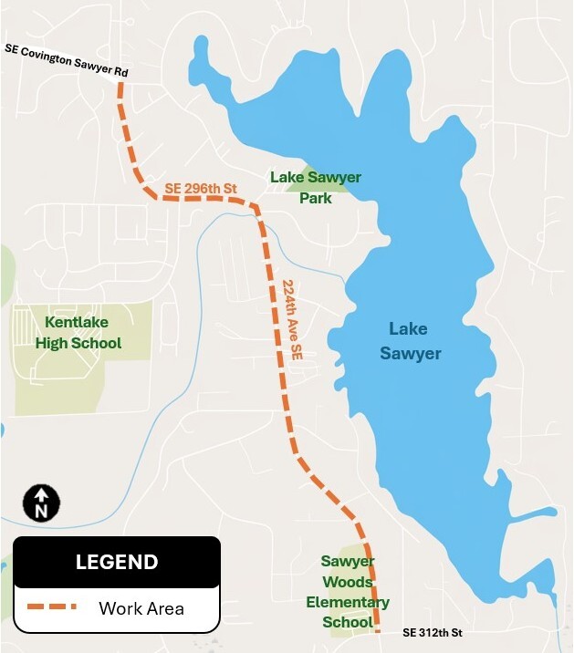 An aerial map of 216th Avenue SE, SE 296th St, 224th Avenue SE, AND 2228th Avenue SE. An orange dashed line shows where crews will work .