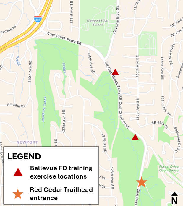 Map showing Bellevue Fire Department training exercise locations on Coal Creek Parkway SE.