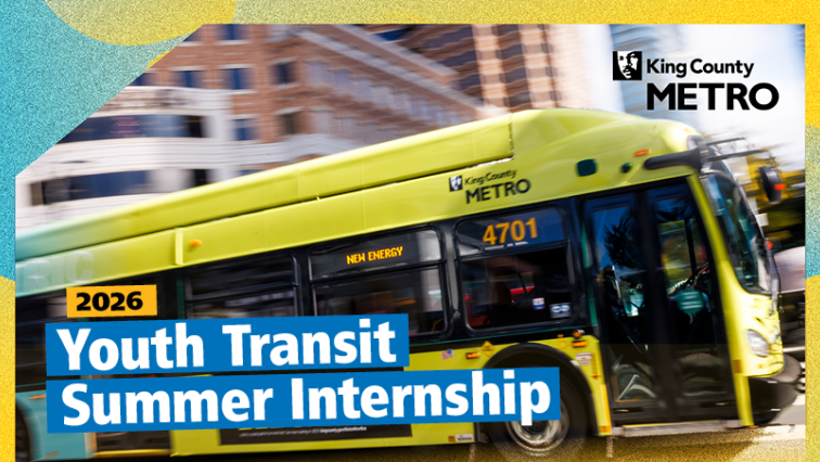 Image of new battery electric bus with frame of same bright yellow and teal. Text: "2026 Youth Transit Summer Internship"
