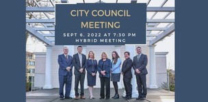 City Council posing for picture with text: City Council Meeting Sept 6 at 7:30p hybrid meeting