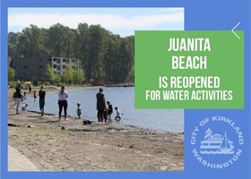 People recreating at Juanita Beach with text: Juanita Beach is Reopened for Water Activities