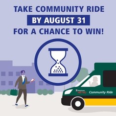 A man walking to a public transit vehicle with text Take Community Ride by August 31 for a chance to win