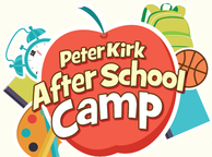 Poster with an apple and text: Peter Kirk After School Camp