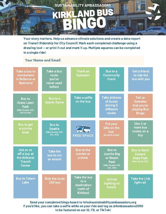 Kirkland Bus Bingo Board