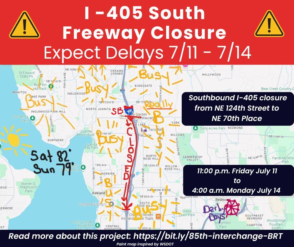 Kirkland I-405 S Closure Tuesday post