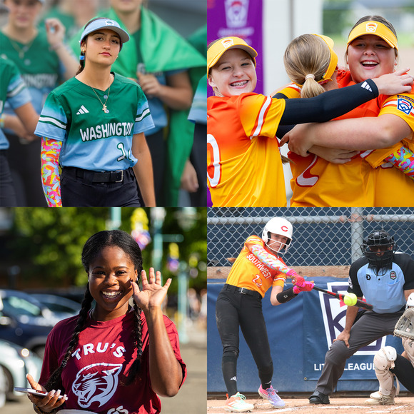 JLSWS montage of a determined teen girl, softball players hugging each other, a smiling celebrity game attendee, and a batter hitting a softball.