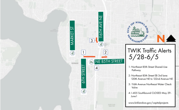 Detour map for southbound I-405 closure from May 29 to June 1.