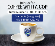 Flyer showing a coffee cup with the KPD logo and Coffee with a Cop event details