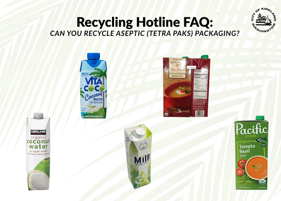 Recycling FAQ graphic showing aseptic packaging (Tetra Paks)