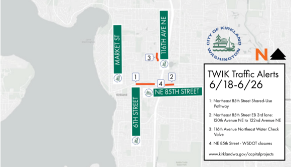 Map showing traffic work in Kirkland for June 18 to 26