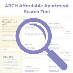 Graphic says, "ARCH Affordable Apartment Search Tool" and shows a large magnifying glass over the ARCH tool.