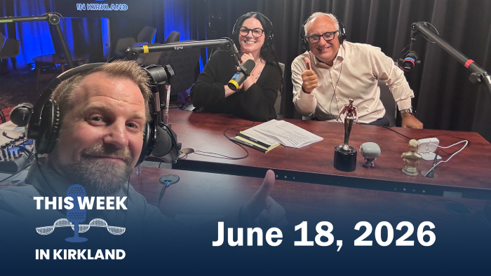 'This Week in Kirkland' podcast hosts pose; text says title and episode date
