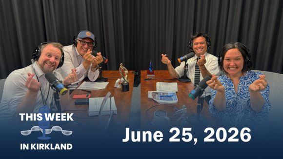 'This Week in Kirkland' hosts and guest post together for June 25, 2026 episode,