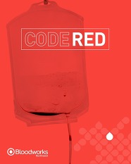 Red background with blood bag and the words 'CODE RED' overlaid