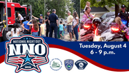 National Night Out graphic with the event title and images of first responders interacting with community members