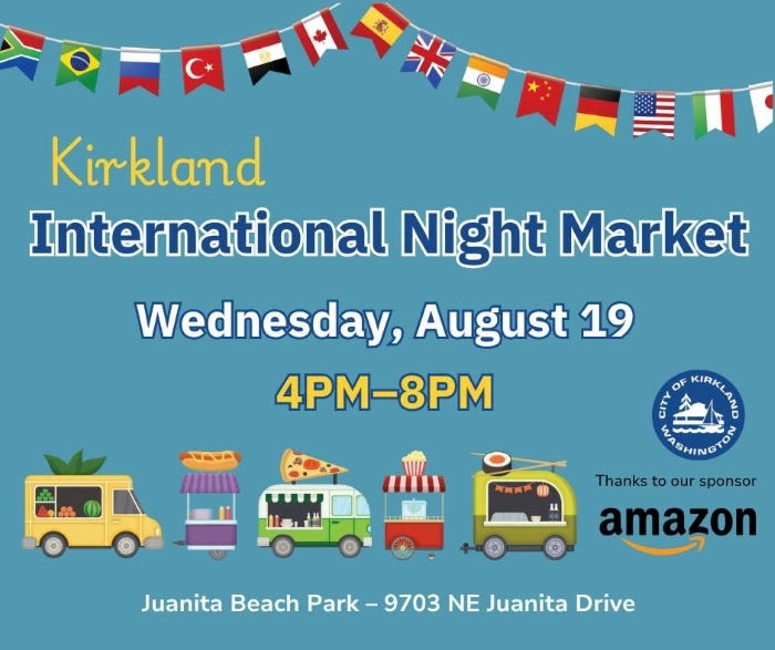 International Night Market graphic showing a string of flags from various countries and a line of food vendor carts and vehicles
