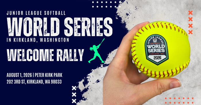 Junior League Softball World Series graphic showing event name, date, and a hand holding a softball