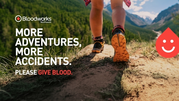 Bloodworks "More Adventures, More Accidents" graphic showing a hiker