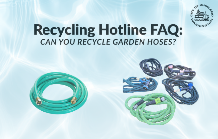 Recycling FAQ graphic showing garden hoses