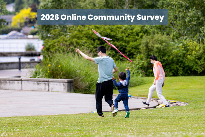 Graphic with survey title showing a family of three flying a kite