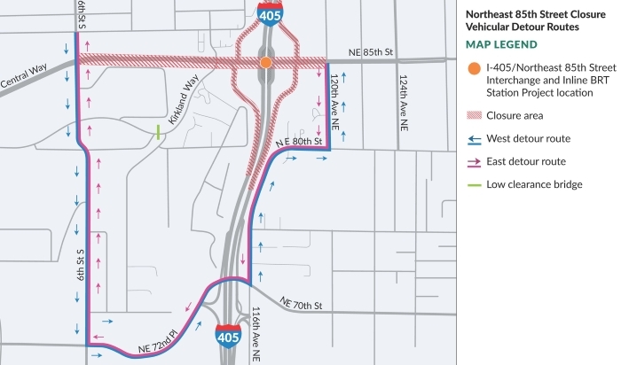 Detour map for NE 85th Street closure from Aug. 7-10, 2026