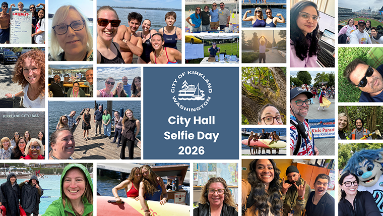 A collage of staff selfies around Kirkland, including at City Hall, in parks, lifeguarding, and more