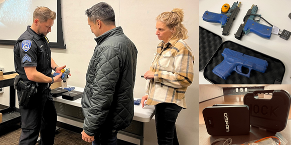 Images show Kirkland Police Officer with students at a gun safety class, firearms, and safes