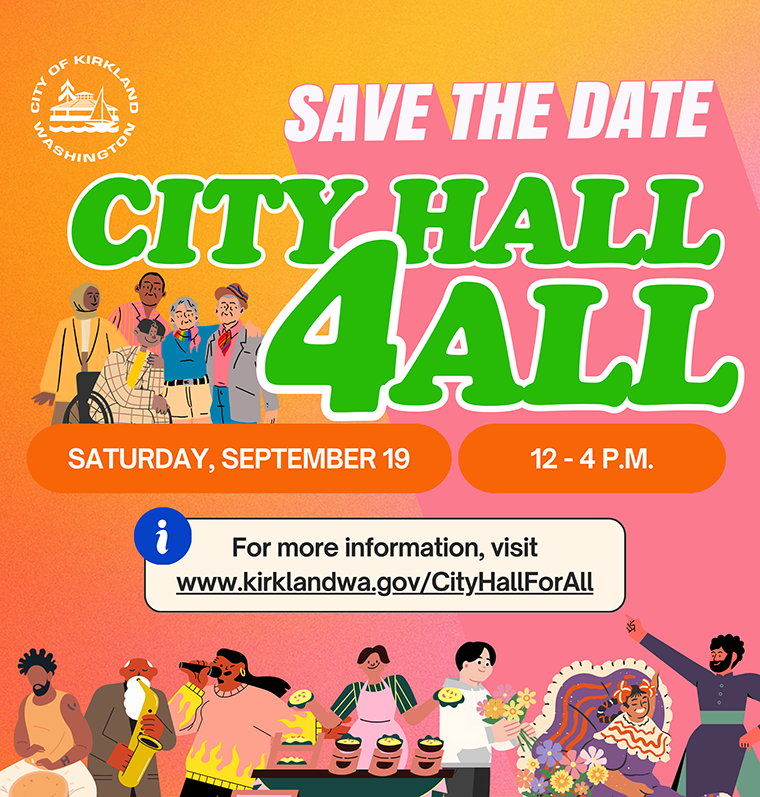 Graphic says "Save the Date: City Hall 4 All, Saturday, Sept. 19, 12-4 p.m." and includes cartoon drawings of festival attendees