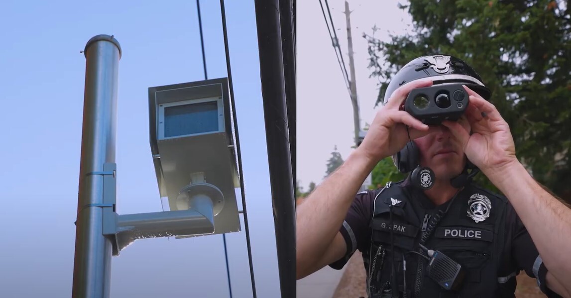 Split image shows school zone speed camera and police officer with binoculars