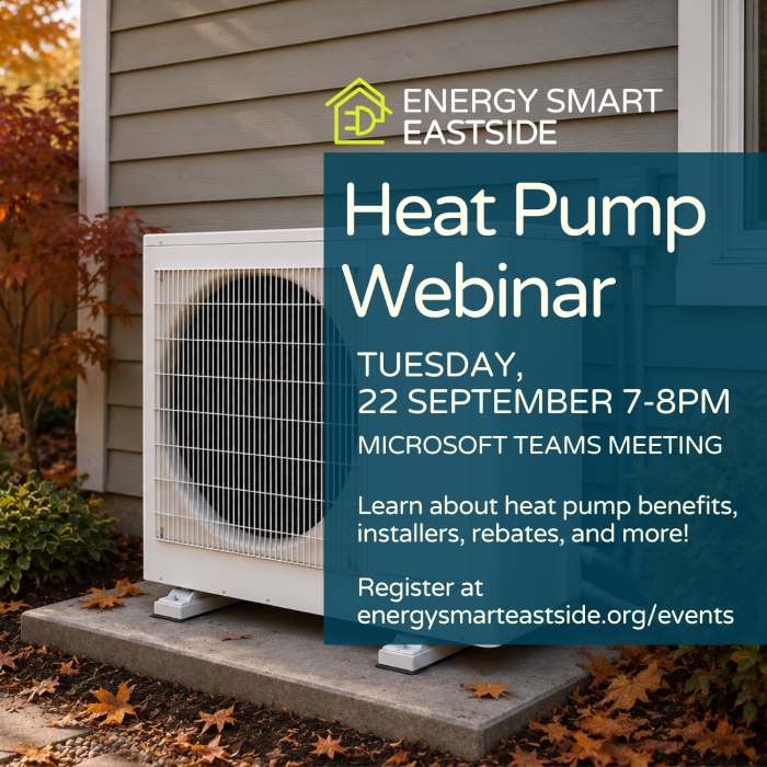 Graphic advertises the heat pump webinar by showing a heat pump outside a home and including the event title, date, and time