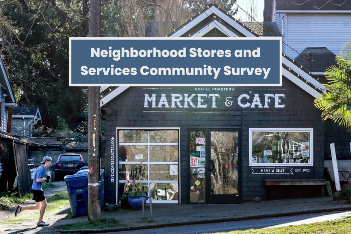 Image shows a neighborhood cafe with a runner and text says, "Neighborhood Stores and Services Community Survey"
