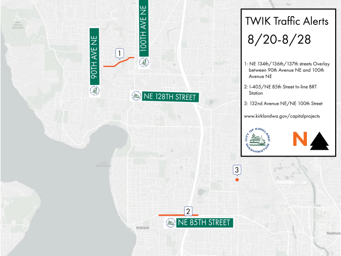 Graphic shows a map of road construction projects taking place in Kirkland from Aug. 20-28, 2026