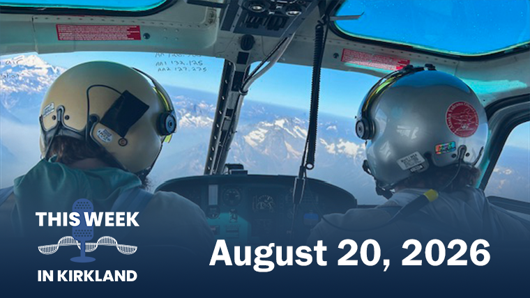 Image shows the interior of a helicopter and includes the 'This Week in Kirkland logo and episode date (Aug. 20, 2026)