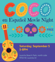Image shows the Coco en español movie night logo, including a cartoon guitar