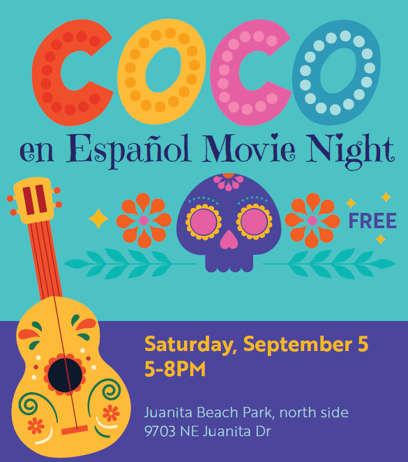 Image shows the Coco en español movie night logo, including a cartoon guitar