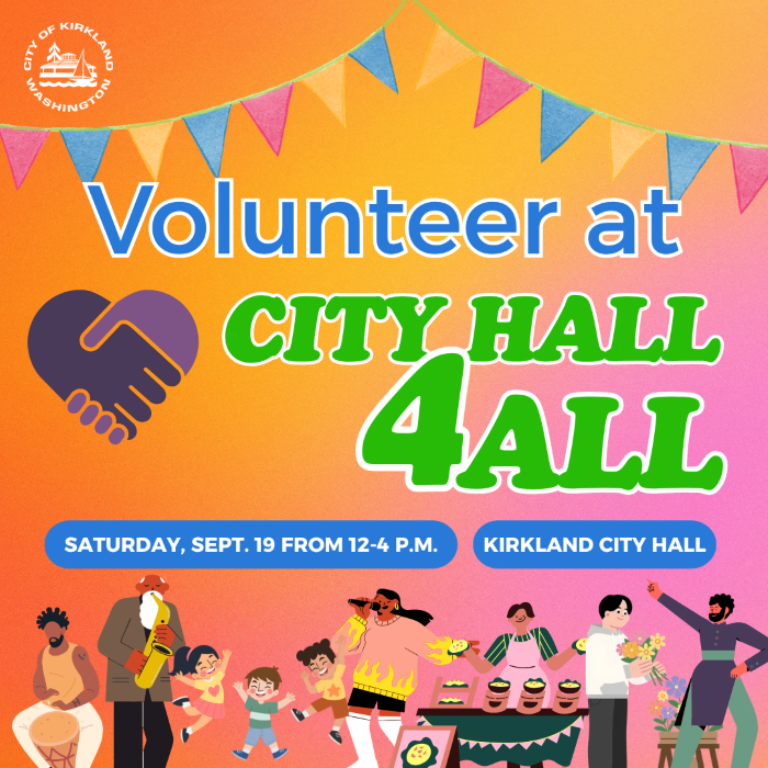 A graphic that says "Volunteer at City Hall for All" and includes cartoon people celebrating and a heart formed by hands