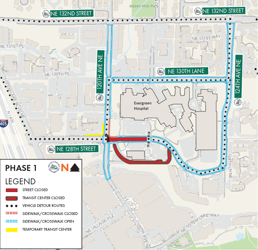 Map shows construction projects and detours around Evergreen Hospital for 8/27/26 TWIK