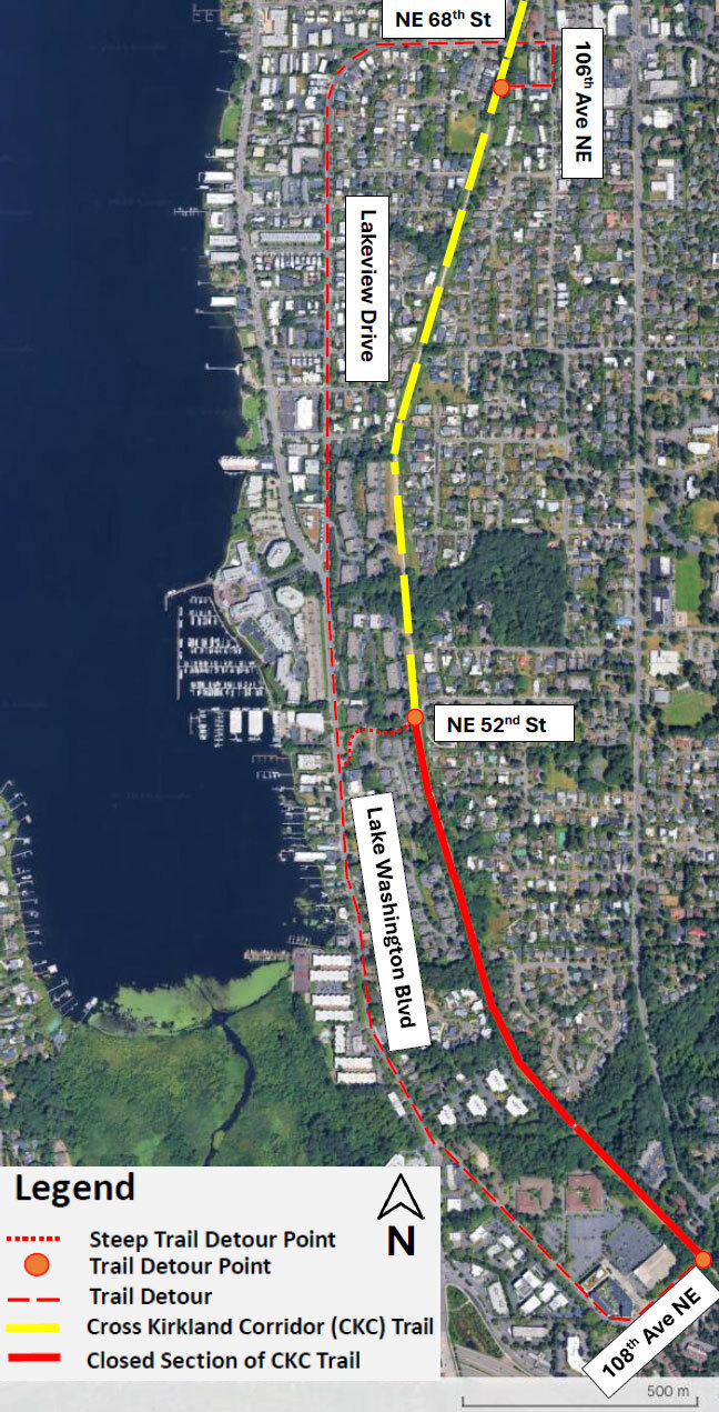 Map shows Cross Kirkland Corridor closure area and detours