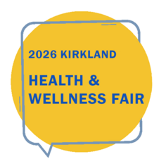 Logo is a yellow circle enclosed by a grey speech bubble and blue text says, "2026 Kirkland Health & Wellness Fair"