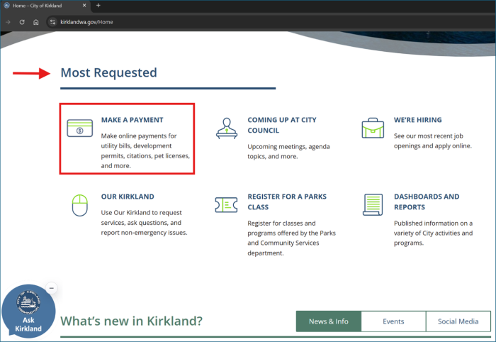 Screenshot of the City's website highlights the "Make a Payment" option under "Most Requested" tasks.