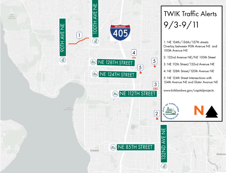 Map shows road construction projects in Kirkland during Sept. 3-11, 2026