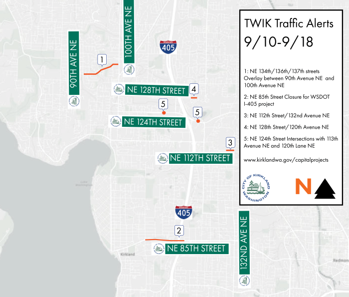Map shows road construction projects in Kirkland from Sept. 9-18, 2026
