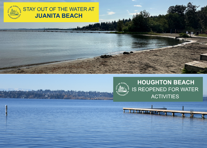 Graphic announced Juanita Beach closure and Houghton Beach reopening and includes photos of each beach